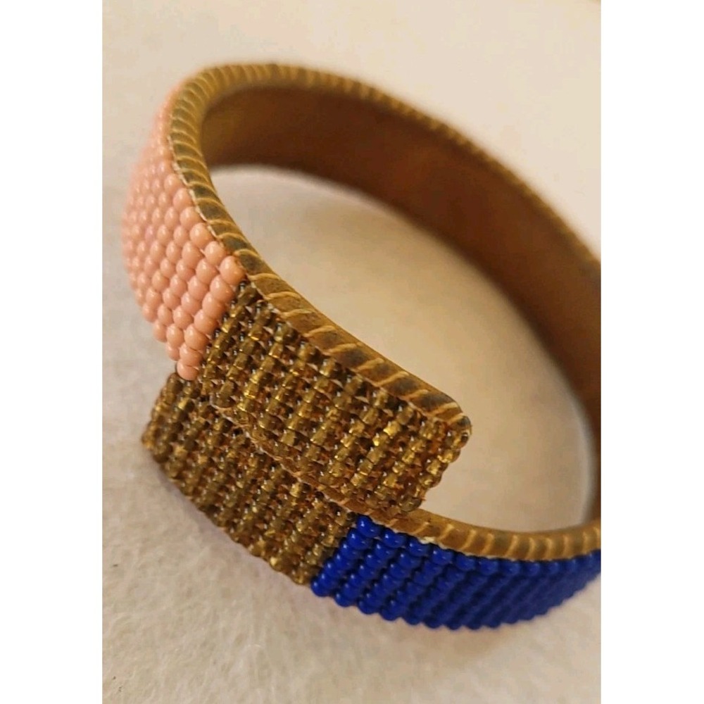Handmade Southwestern Seed Bead Leather Cuff Bracelet Boho Statement Bangle